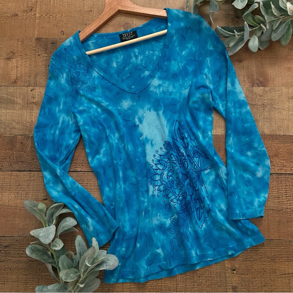 Turquoise Tie-Dye Long Sleeve Top Graphic + Crystal Embellishments